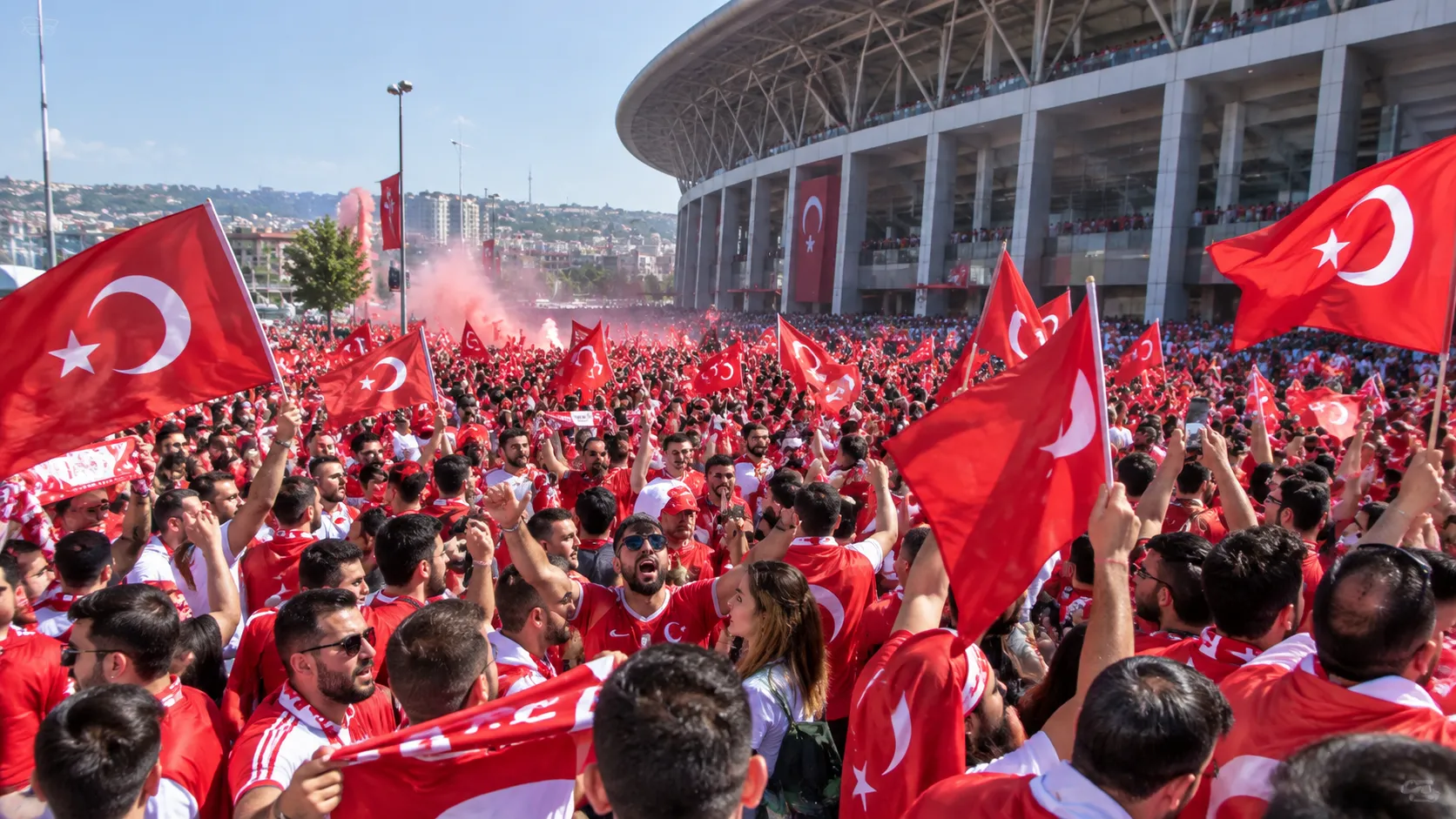 Een grote groep Turkse voetbalsupporters met rode vlaggen bij een stadion.