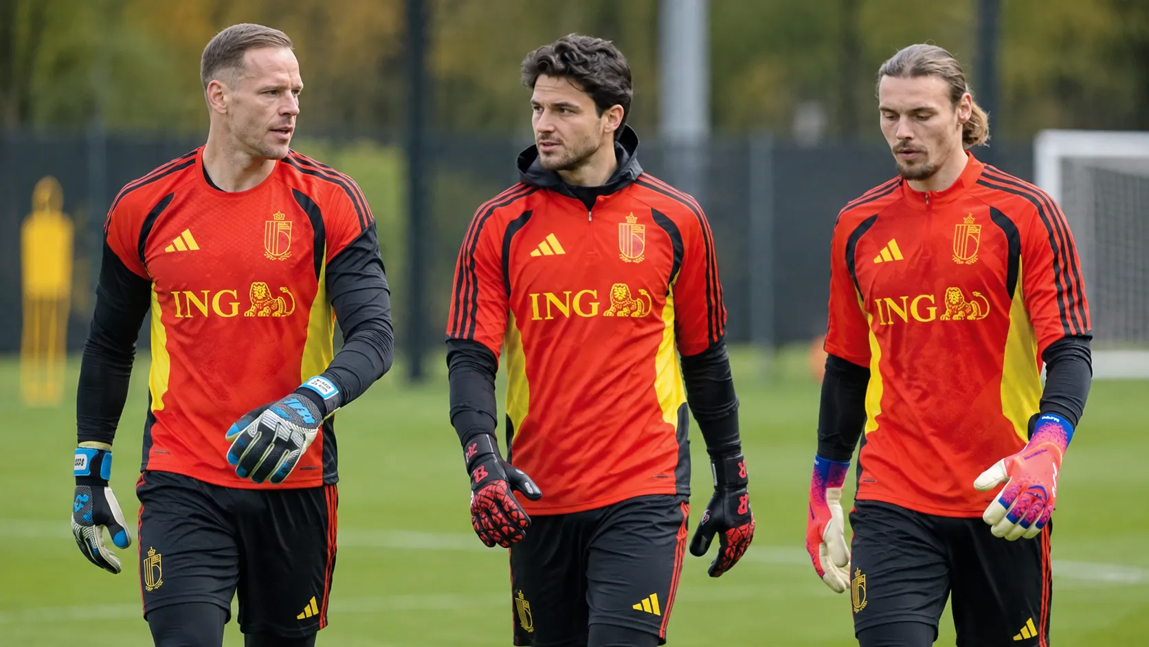 Drie Belgische doelmannen tijdens een opwarming op het trainingsveld.