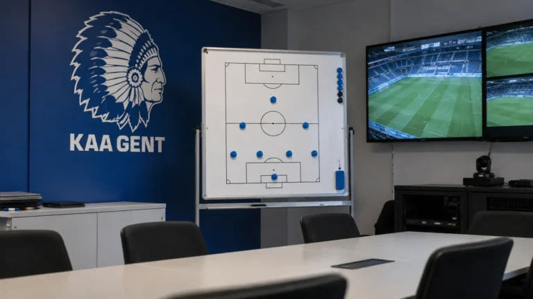 Lege videoanalyseruimte van KAA Gent met een magnetisch tactiekbord en clubembleem aan de wand.