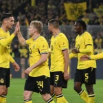 Dortmund-spelers in geel vieren samen een moment op het veld.