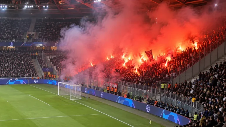 Bezoekende supporters steken vuurwerk af in een tribune tijdens Club Brugge tegen RC Lens.