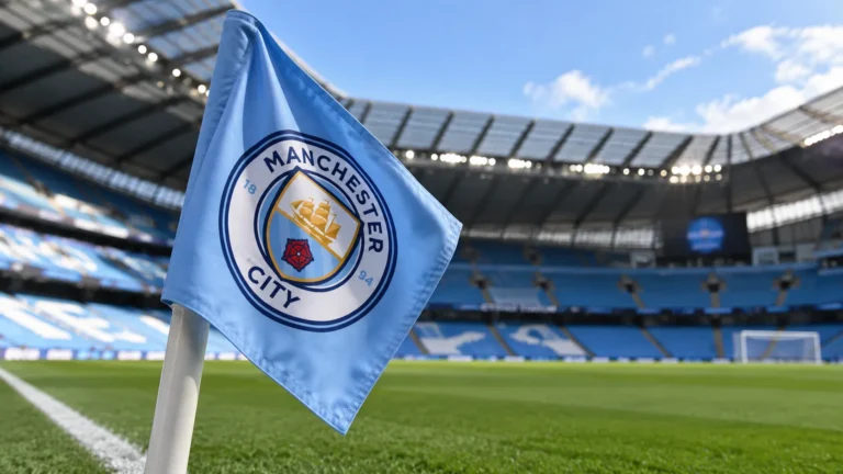 Een lichtblauwe Manchester City-hoekvlag naast het veld in een leeg stadion.