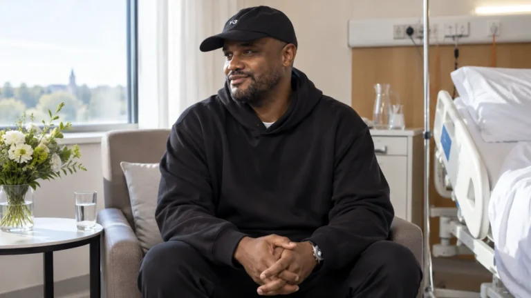 Vincent Kompany zit in een heldere ziekenhuiskamer tijdens zijn herstel.