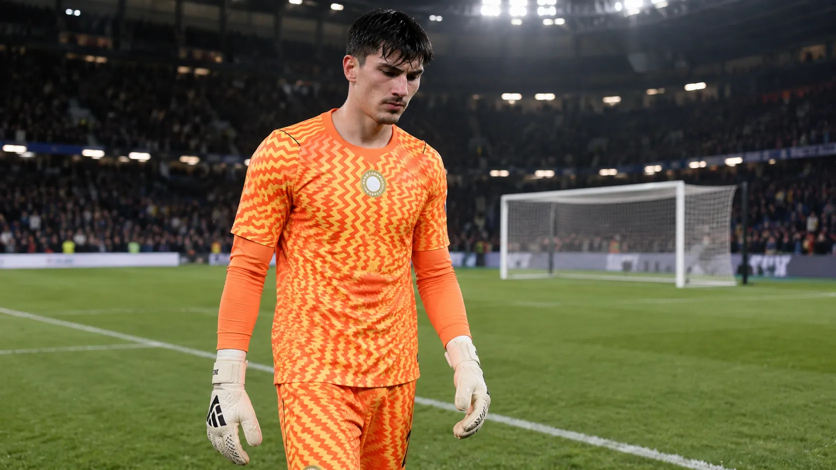 Mike Penders in oranje doelmanstenue van Chelsea na een wedstrijd.