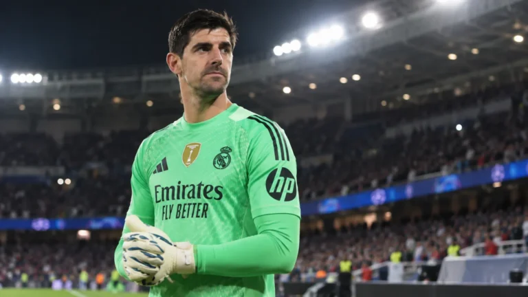 Thibaut Courtois in het groene doelmanstenue van Real Madrid aan de rand van het stadion.