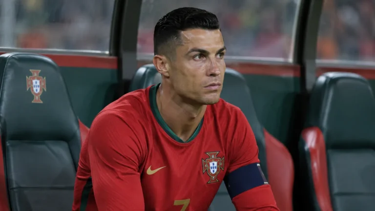 Cristiano Ronaldo zit op de spelersbank van Portugal in zijn nationale wedstrijdshirt.