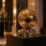 De Ballon d'Or-trofee op een verlicht pedestal in een Londense galalocatie.