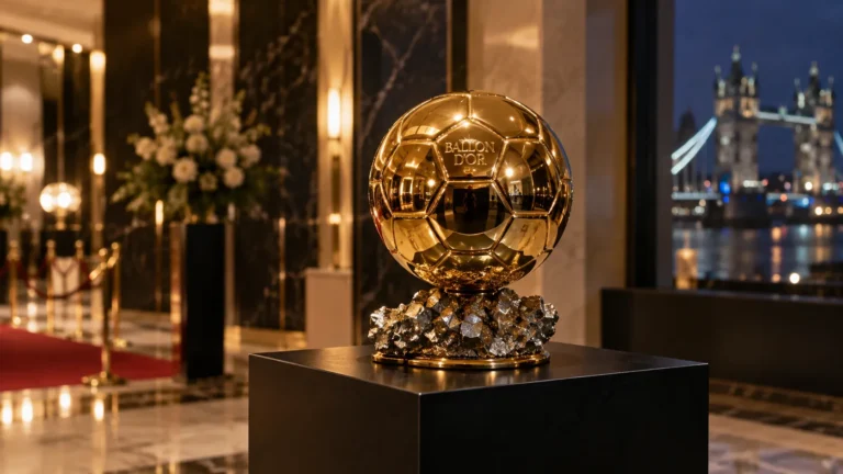 De Ballon d'Or-trofee op een verlicht pedestal in een Londense galalocatie.