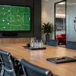 Een lege vergaderzaal in een Ajax-clubgebouw met een Ajax-embleem op de glazen wand.