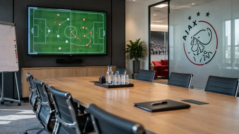 Een lege vergaderzaal in een Ajax-clubgebouw met een Ajax-embleem op de glazen wand.