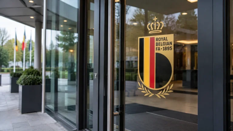 Glazen toegangsdeur van het KBVB-federatiegebouw met een fysiek geïntegreerd KBVB-embleem.