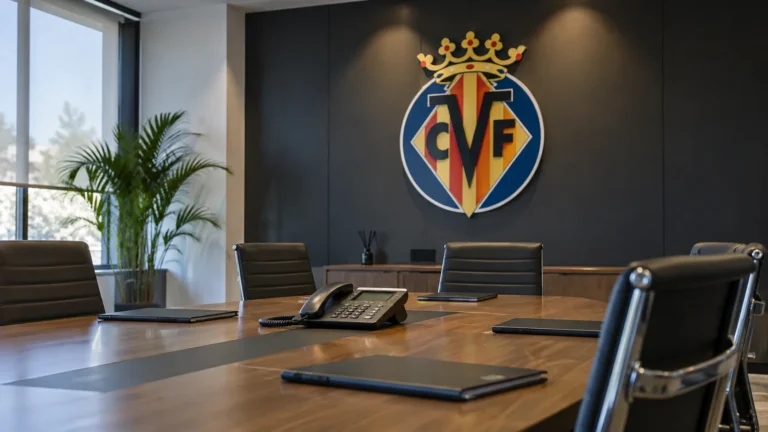 Lege vergaderruimte van Villarreal met een clubembleem op de vaste wand.