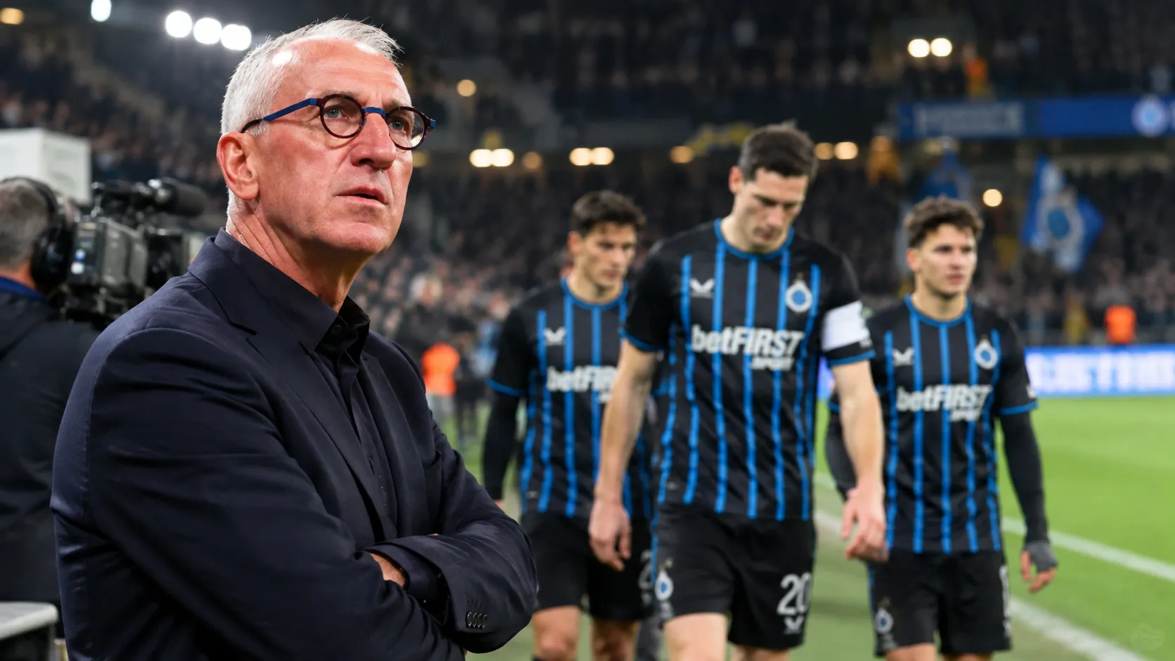 Franky Van der Elst staat langs het veld terwijl spelers van Club Brugge op de achtergrond passeren.