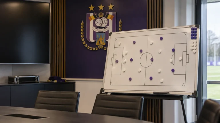 Lege tactische analysruimte van Anderlecht met een magneetbord en een clubembleem aan de wand.