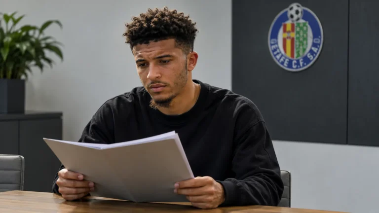 Jadon Sancho bekijkt een dossier in een neutrale vergaderruimte met een klein Getafe-embleem aan de wand.