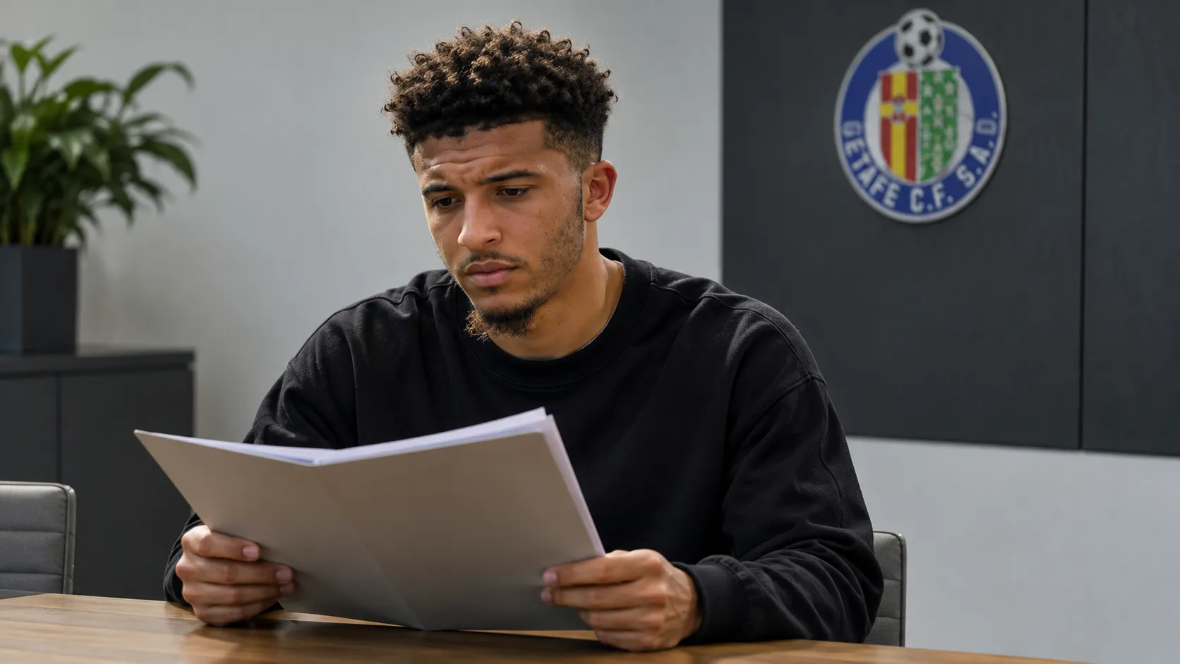 Jadon Sancho bekijkt een dossier in een neutrale vergaderruimte met een klein Getafe-embleem aan de wand.
