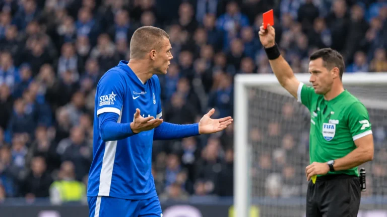Daan Heymans van KRC Genk reageert terwijl een scheidsrechter een rode kaart toont.