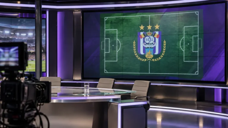 Tactisch analysescherp in een lege televisiestudio met het embleem van RSC Anderlecht.