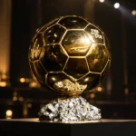 De Ballon d'Or-trofee op een sokkel in een donker verlichte ceremonieruimte.