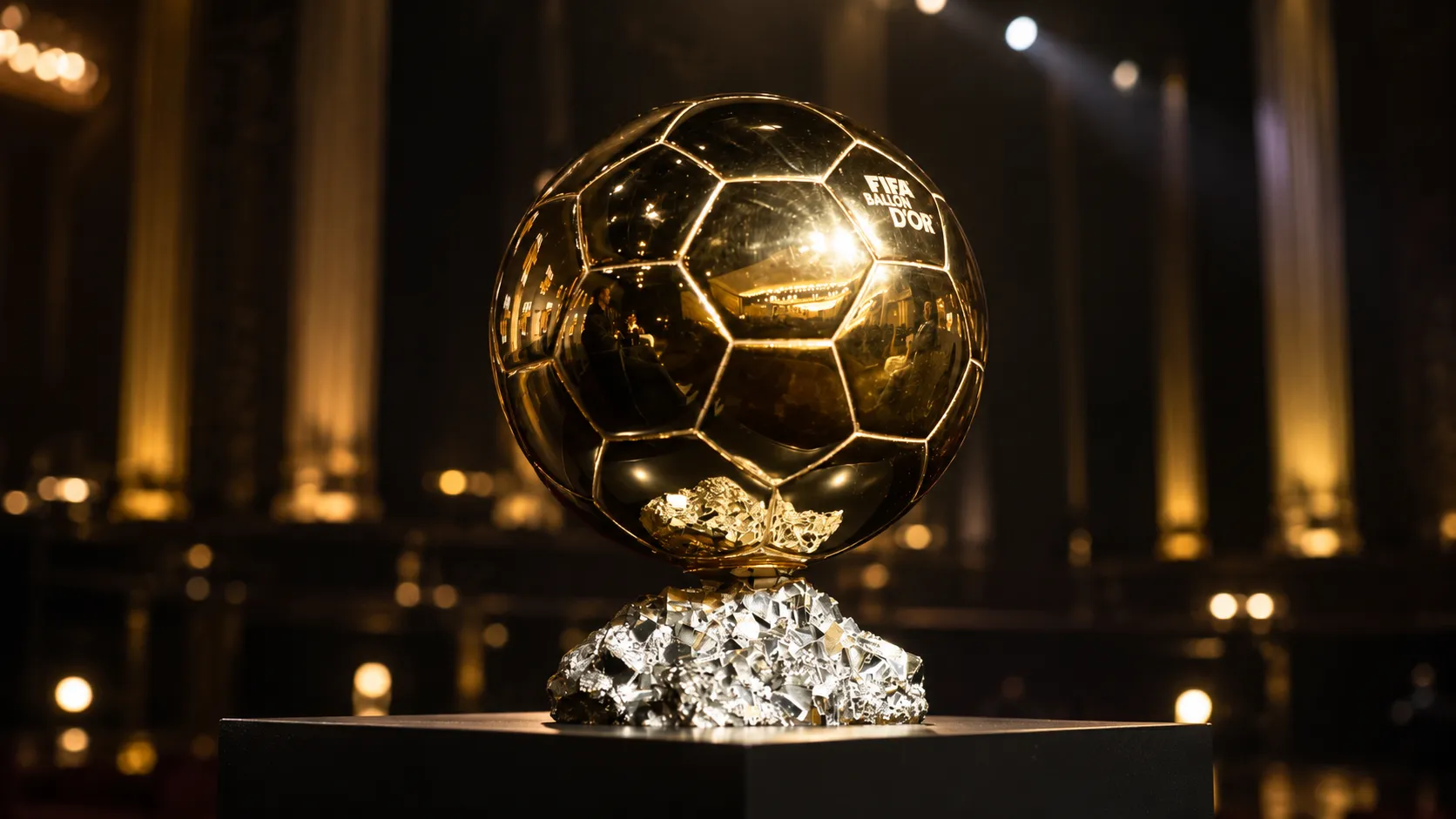 De Ballon d'Or-trofee op een sokkel in een donker verlichte ceremonieruimte.