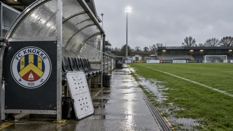 Lege technische zone van FC Knokke langs een nat voetbalveld.
