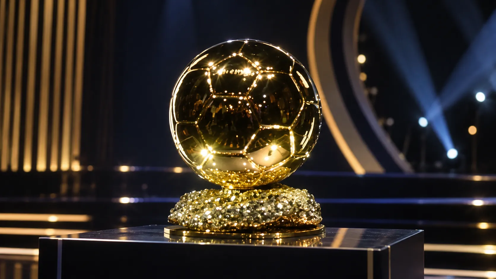 De gouden Ballon d'Or-trofee op een podium in het London Palladium Theatre.