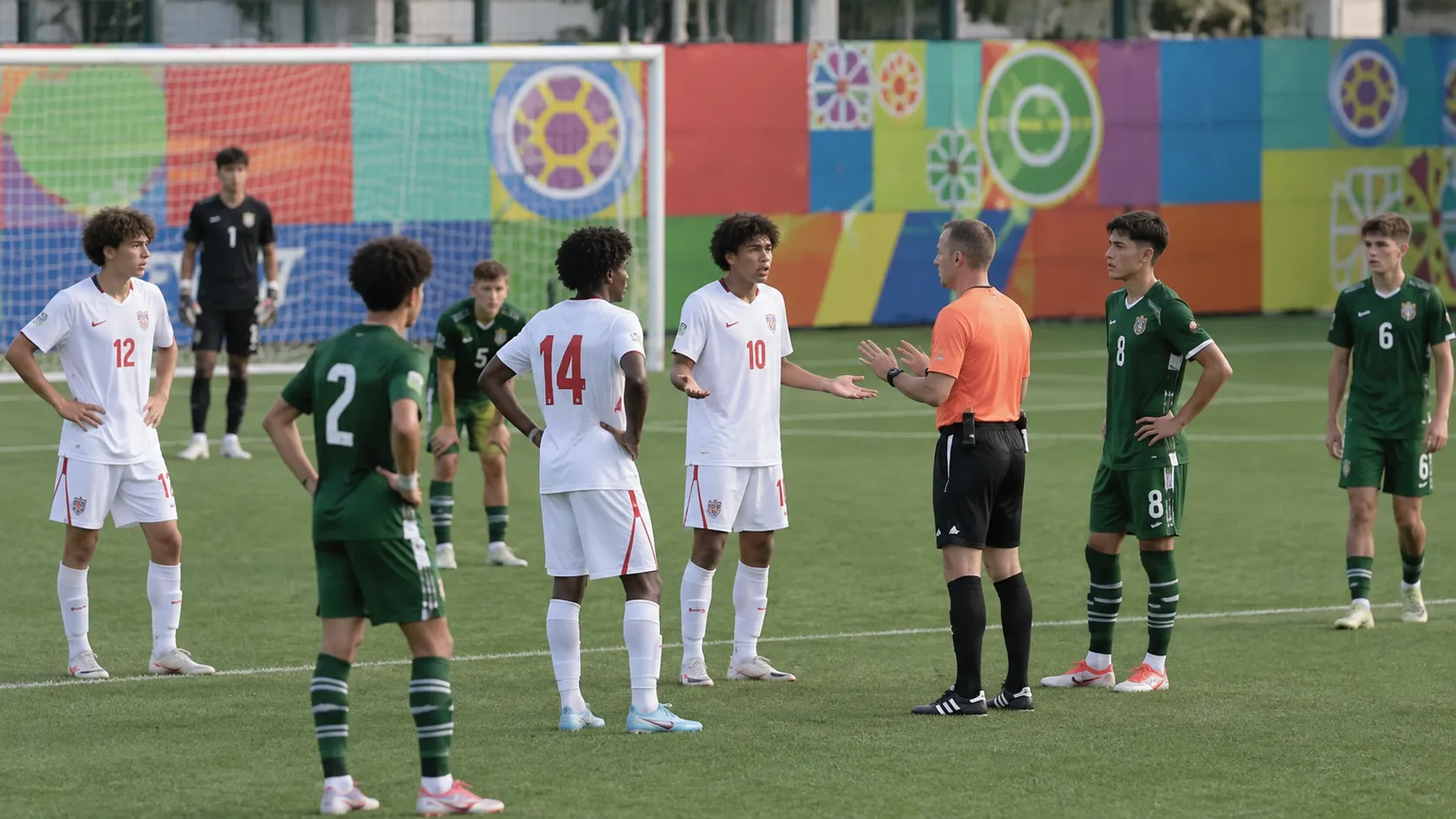 Jeugdspelers in witte en groene tenues staan met een scheidsrechter op het veld.
