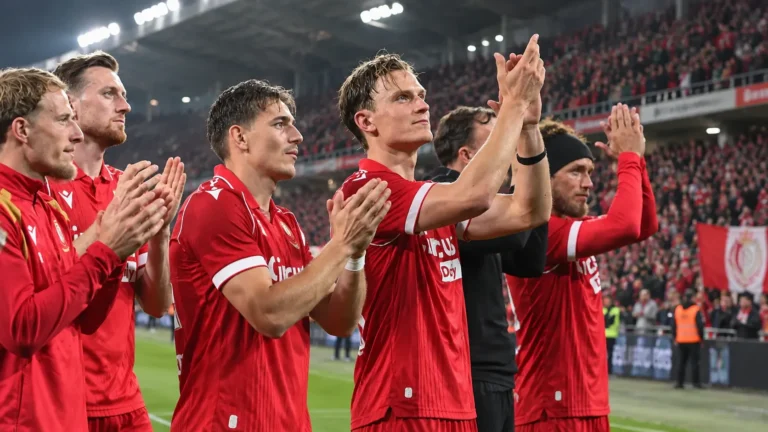 Een groep voetballers in rode shirts applaudisseert langs de rand van het veld.