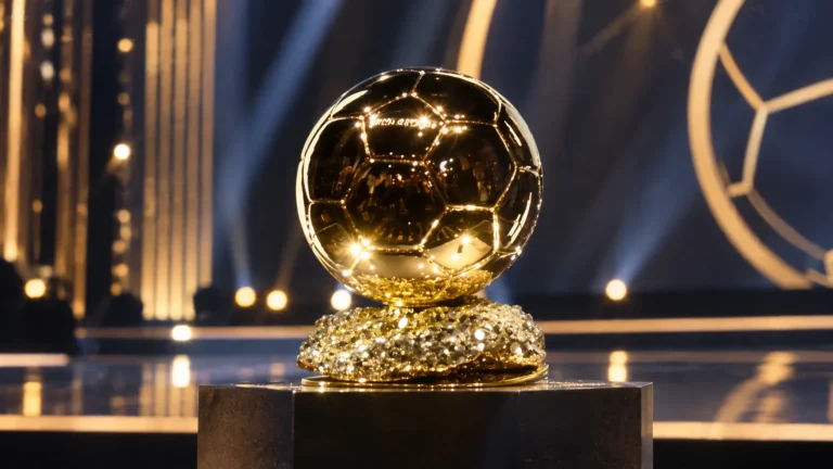 De Ballon d'Or-trofee op een verlicht podium in een theaterzaal.