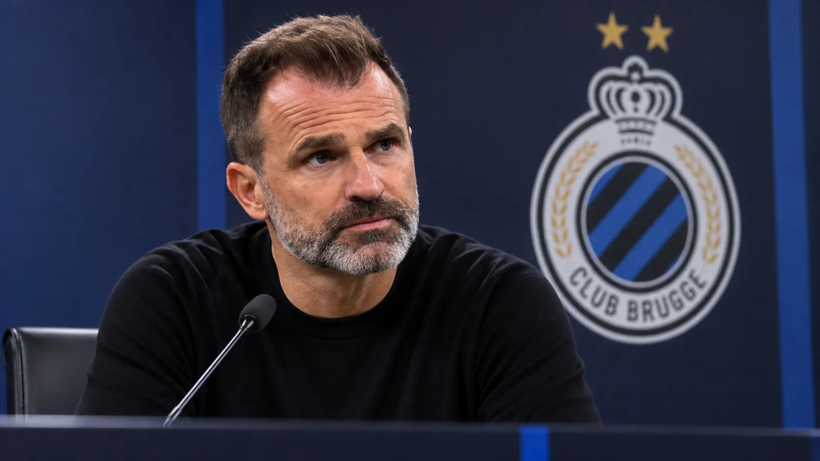 Een Club Brugge-coach in zwarte trui tijdens een rustig moment in de mediaruimte.