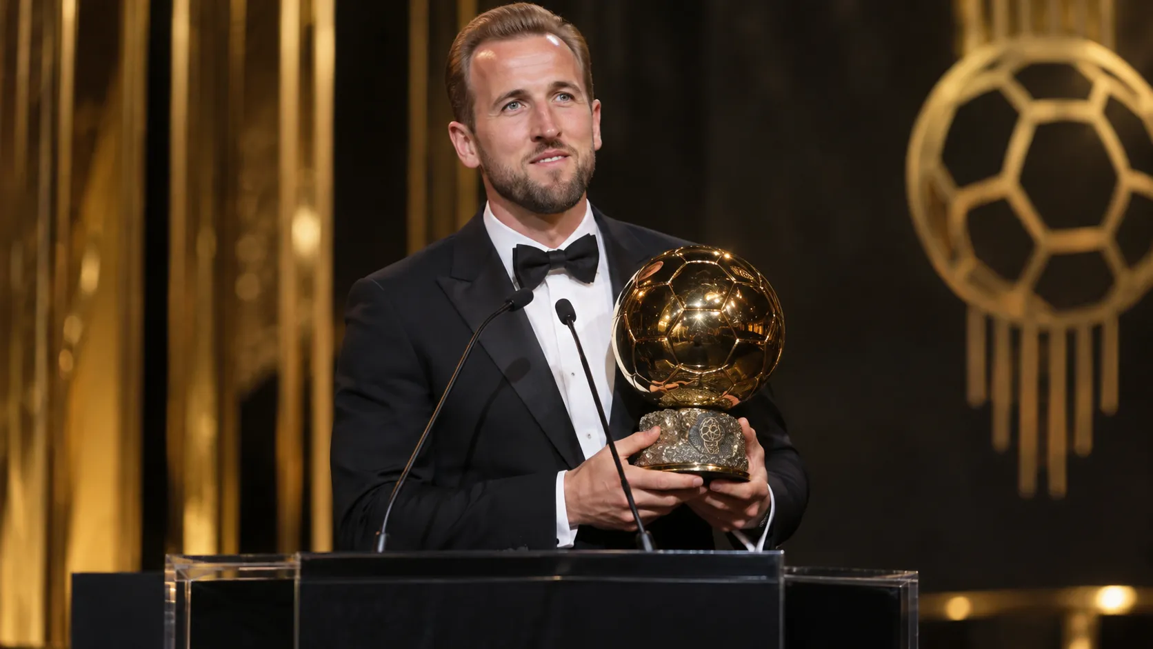 Harry Kane houdt de Ballon d'Or-trofee vast op het podium tijdens de prijsuitreiking.