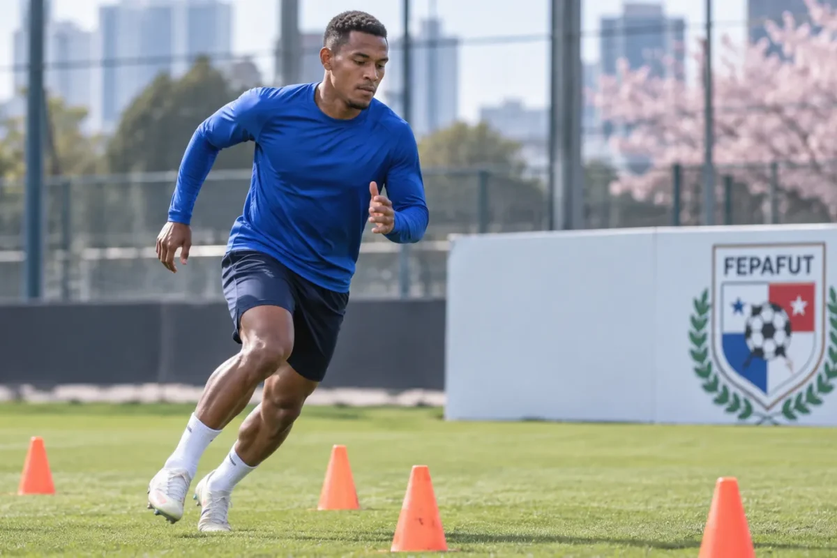Josué Vergara tijdens een training op een veld in Tokio, met een bord van de Panamese voetbalbond langs de zijlijn.