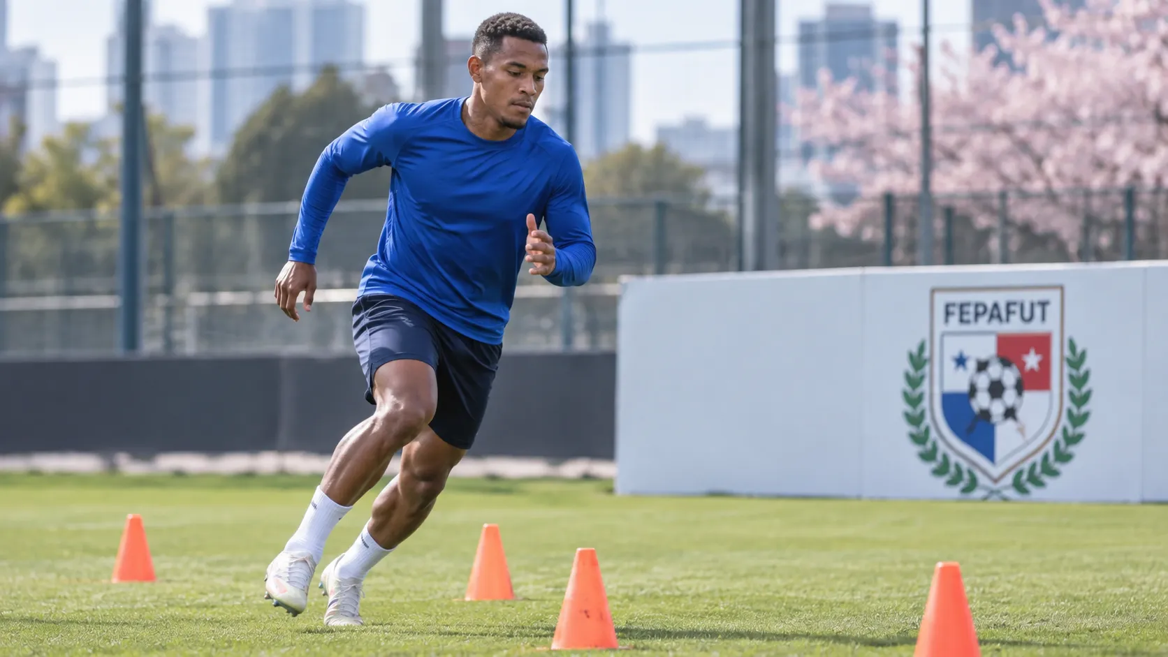 Josué Vergara tijdens een training op een veld in Tokio, met een bord van de Panamese voetbalbond langs de zijlijn.