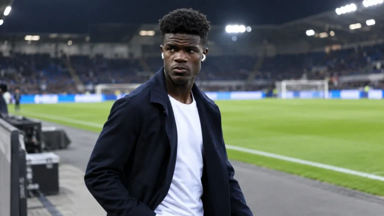 Aaron Bibout wandelt in een donkere jas langs de rand van een stadion.