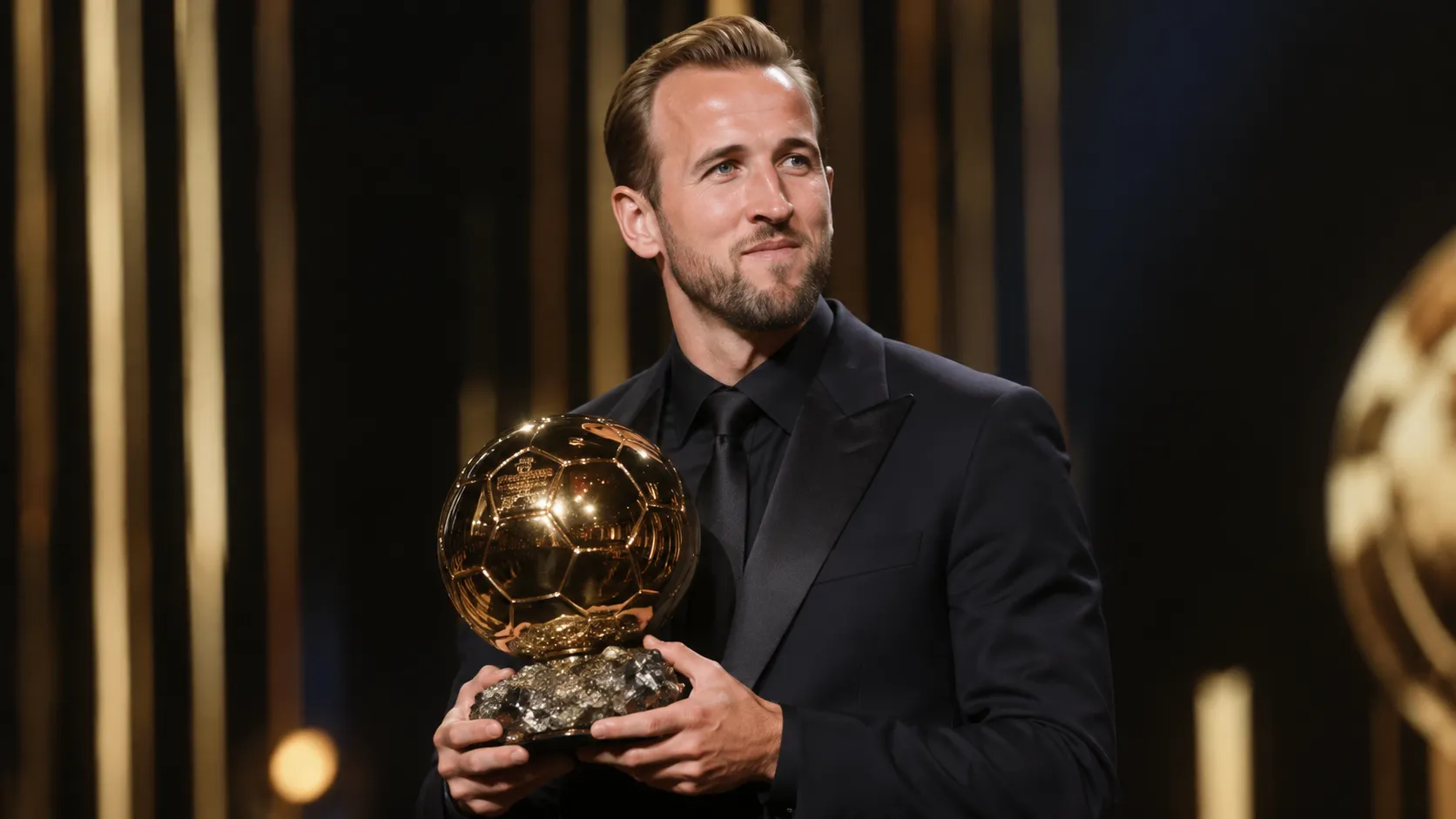 Harry Kane houdt de Ballon d'Or vast op een verlicht prijzenpodium.