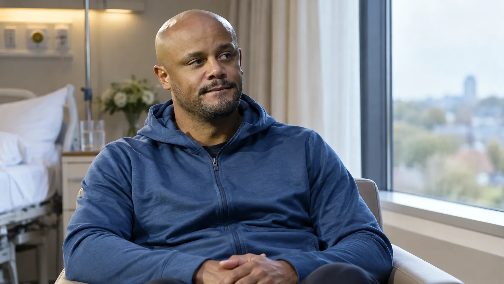Vincent Kompany zit rustig in een ziekenhuiskamer tijdens zijn herstel.