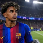 Lamine Yamal in het shirt van FC Barcelona op het veld.