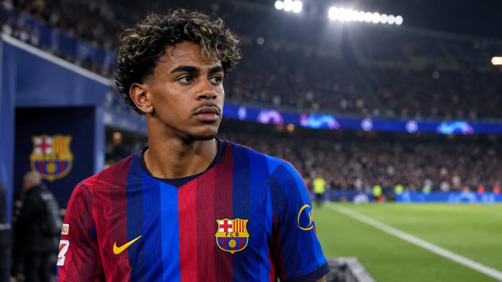 Lamine Yamal in het shirt van FC Barcelona op het veld.