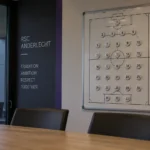 Een tactisch magneetbord van RSC Anderlecht met 33 genummerde spelersmagneten in een vergaderruimte.
