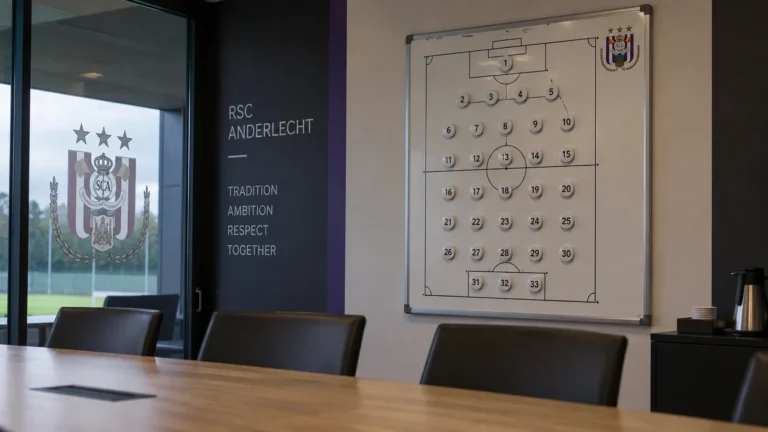 Een tactisch magneetbord van RSC Anderlecht met 33 genummerde spelersmagneten in een vergaderruimte.