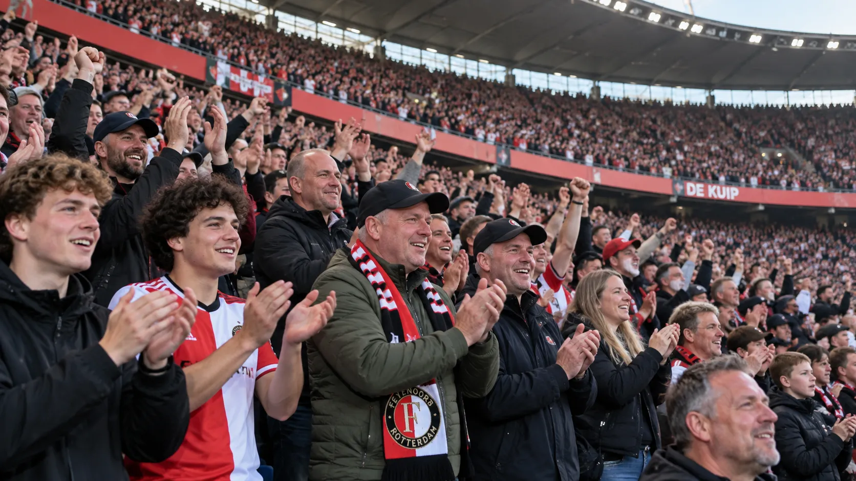 Collectieve Feyenoord-supporters vieren een doelpunt in De Kuip.