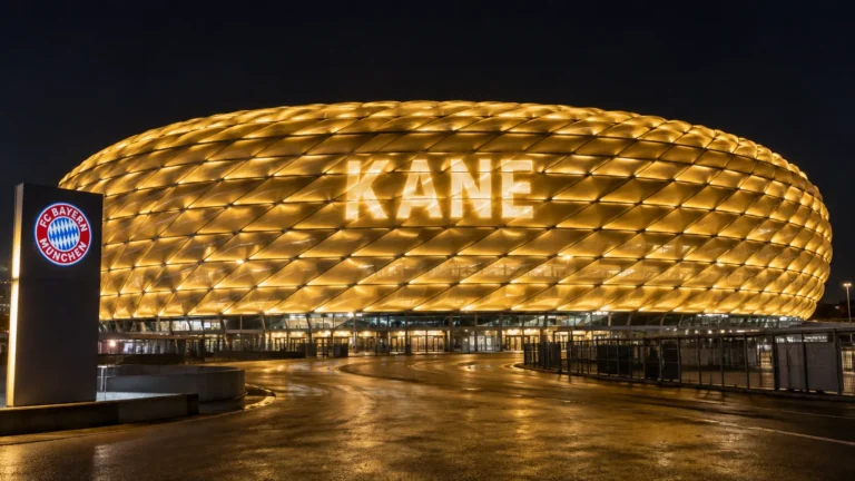 De goud verlichte Allianz Arena met de naam Kane op de gevel.