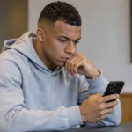 Kylian Mbappé kijkt in een neutrale mediaruimte naar zijn smartphone.