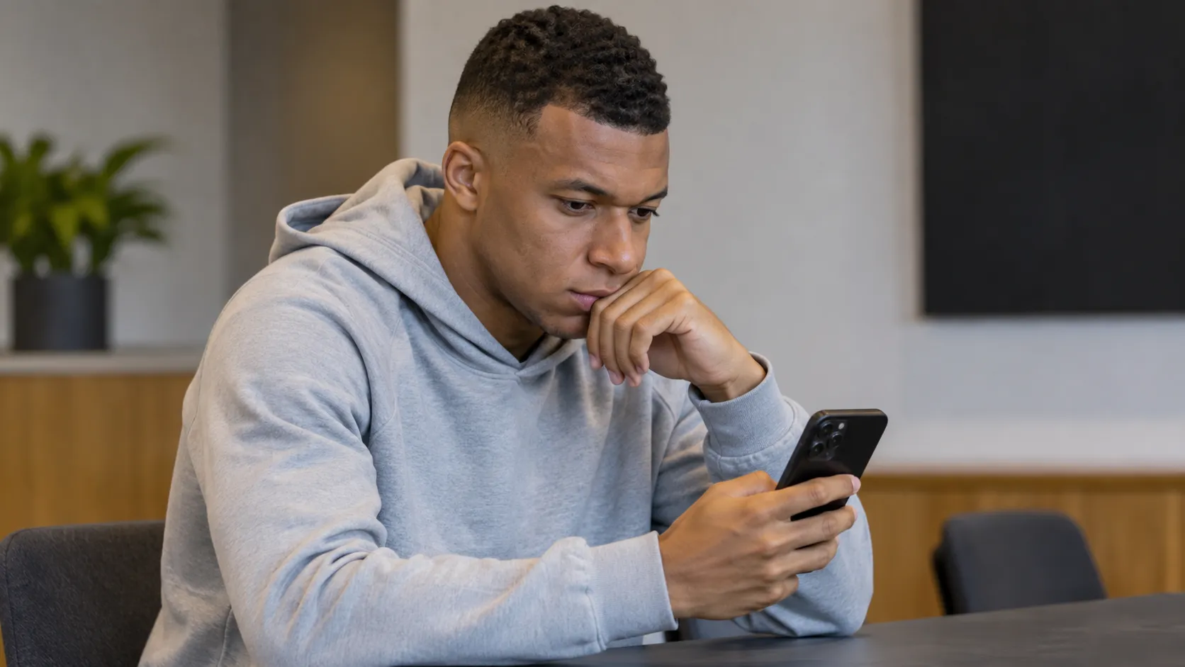 Kylian Mbappé kijkt in een neutrale mediaruimte naar zijn smartphone.