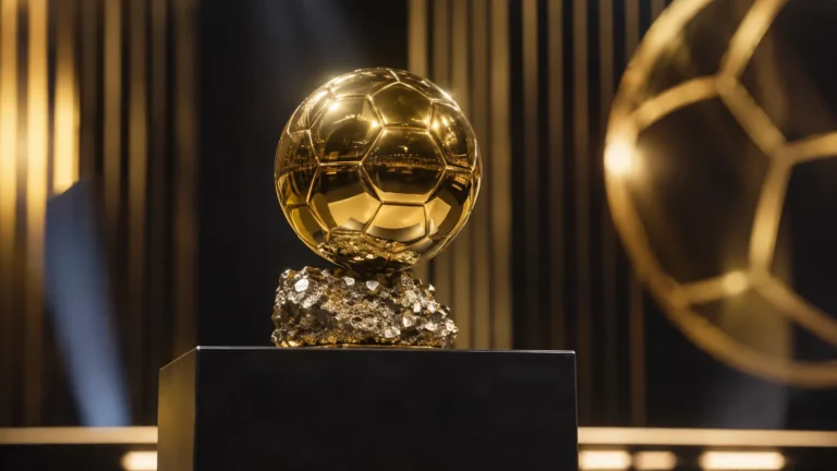 De Ballon d'Or-trofee op een neutraal podium tijdens een voetbalprijsuitreiking.