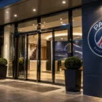 De verlichte ingang van een PSG-clubgebouw met een fysiek geïntegreerd clubembleem.