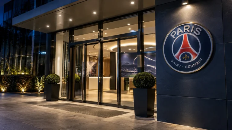 De verlichte ingang van een PSG-clubgebouw met een fysiek geïntegreerd clubembleem.