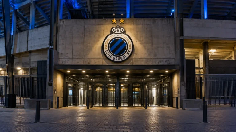 Verlichte ingang van een Club Brugge-stadioncomplex met het clubembleem boven de toegang.
