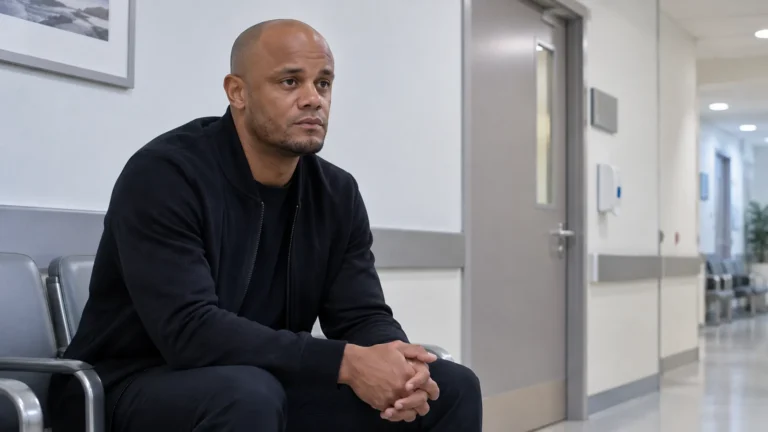 Vincent Kompany zit in een rustige ziekenhuisgang tijdens een medisch onderzoek.