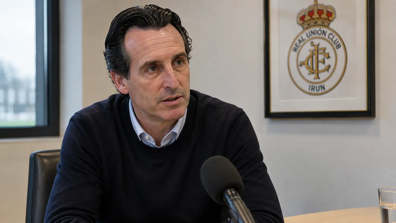 Unai Emery tijdens een rustig interview met een ingelijst embleem van Real Unión op de achtergrond.